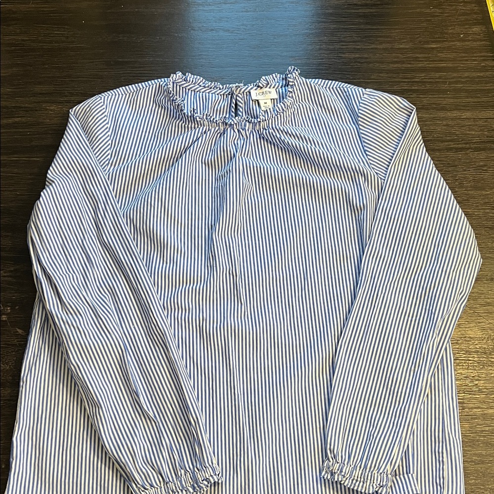 J. Crew Blue and White Striped Ruffle Neck Top